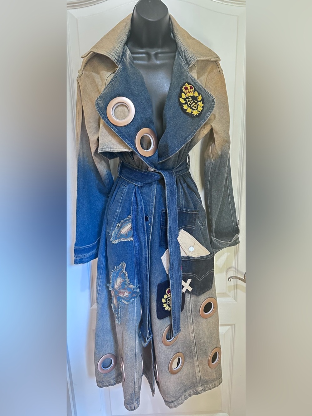Upcycled Denim Trench Coat with Patchwork Grommet Blue and Distressed Tan size M - Picture 3 of 8